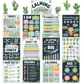19 PCS Cactus Calming Corner Classroom Posters Calm Down Corner Emotion Posters Feeling Management Educational Mental Health Poster Back to School Wall Art Bulletin Board Decor for School Office