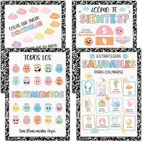 Feifeiya 4 pcs Composition Spanish Feelings Chart for Kids Emotions Learning Chart poster for Toddlers Calm Down Corner Supplies Home and Calming Corner Classroom