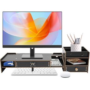 Monitor Stand Riser, Computer Monitor Booster Stand, Adjustable Computer Monitor Stand with a Lockable Drawer, Multifunctional Desktop Organizer Stand for Laptop, PC, Computer, Printer (Black)