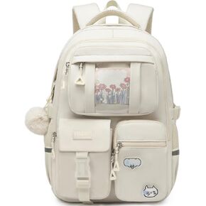 School Backpack for Teen Girls, Cute Bookbag for Women College Students Aesthetic 15.6in Laptop Bag for Kids Elementary Middle High School, Beige