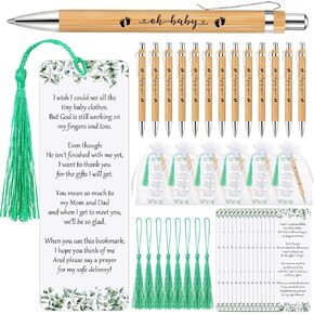 Geyoga 25 Sets Baby Shower Favors for Guests Bamboo Ballpoint Pens Gifts with Tassels Bookmarks and Organza Bags Gender Reveal Gifts for Souvenirs Prizes (Greenery)
