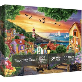Beach Ocean House Puzzles for Adults 1000 Pieces, Colorful Sunset Lighthouse Sailboat Landscape Scenic Jigsaw Puzzles, Fun Cat Bird Tree Floral Scenery Puzzle