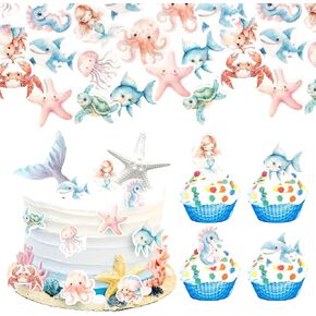 60 PCS Edible Ocean Sea Animal Cupcake Toppers Shark Dolphin Starfish Octopus Seahorse Cupcake Picks Under the Sea Baby Shower Cake Decorations for Under the Sea Theme Birthday Party Supplies