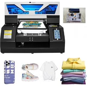 UV DTG Printer T-Shirt Machine, Multifunction UV Flatbed Printer with Vacuum Platform for Clothes Glass Phone Case Cups (A4 L1800-DTG)