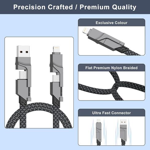 كابل شحن USB C 4 في 1، كابل لايتنينج 65 وات 3.3 قدم شحن سريع، كابل شحن متعدد مع منفذ Lightning/Type C/USB A للهواتف المحمولة/الأجهزة اللوحية/Samsung Galaxy والمزيد in Saudi Arabia