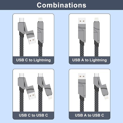 كابل شحن USB C 4 في 1، كابل لايتنينج 65 وات 3.3 قدم شحن سريع، كابل شحن متعدد مع منفذ Lightning/Type C/USB A للهواتف المحمولة/الأجهزة اللوحية/Samsung Galaxy والمزيد in Saudi Arabia