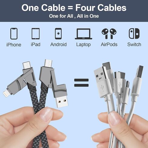 كابل شحن USB C 4 في 1، كابل لايتنينج 65 وات 3.3 قدم شحن سريع، كابل شحن متعدد مع منفذ Lightning/Type C/USB A للهواتف المحمولة/الأجهزة اللوحية/Samsung Galaxy والمزيد in Saudi Arabia