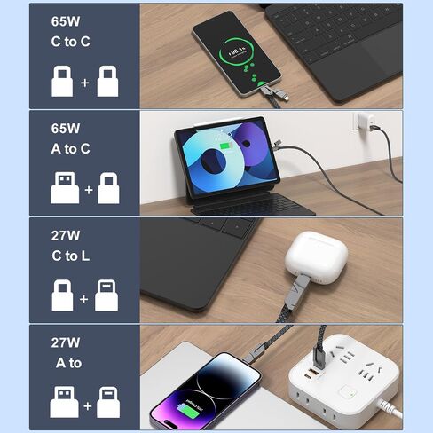 كابل شحن USB C 4 في 1، كابل لايتنينج 65 وات 3.3 قدم شحن سريع، كابل شحن متعدد مع منفذ Lightning/Type C/USB A للهواتف المحمولة/الأجهزة اللوحية/Samsung Galaxy والمزيد in Saudi Arabia