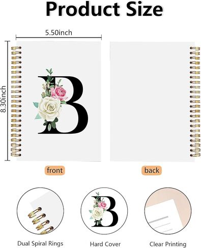 Floral Monogrammed B Spiral Notebooks – Initial Letter B Hardcover Journals, Cute Custom Hardcover Notebook Journal for Writing, Customized Monogram Personalized Gifts for Women/Girls/Teachers in Saudi Arabia