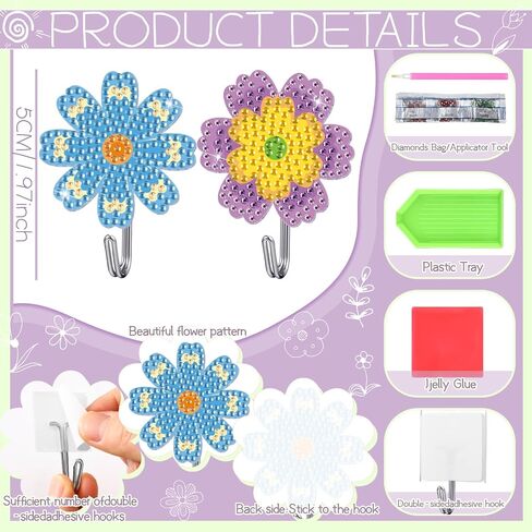 Relaxweex 30 Pcs Diamond Painting Kits for Adults DIY Diamond Art Painting Wall Hook Key Holder Wall Mounted Adhesive Hook Flowers Theme Arts and Crafts DIY Kits for Towel Hat Kitchen Decoration in Saudi Arabia
