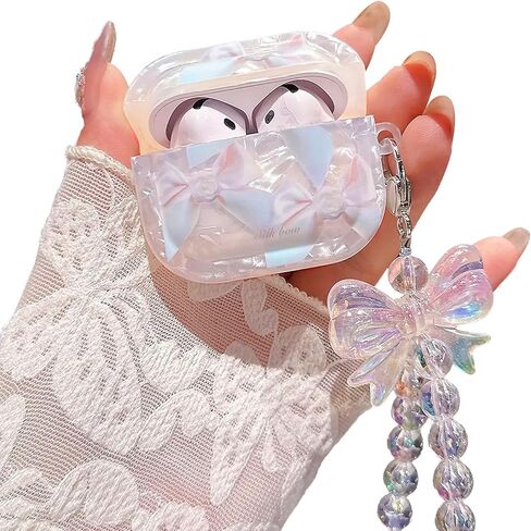 Compatible with AirPods Pro 2nd/1st Generation Case Cute Elegant Bow Ribbon Design with Glitter Keychain Luxury White Shell Pearl Protective Cover for Girls Women - Pro2 Bow in Saudi Arabia