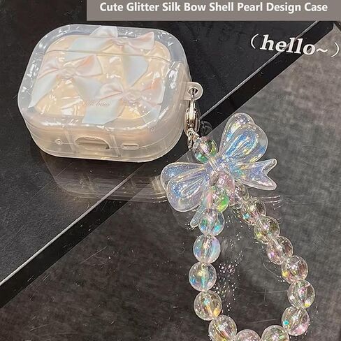 Compatible with AirPods Pro 2nd/1st Generation Case Cute Elegant Bow Ribbon Design with Glitter Keychain Luxury White Shell Pearl Protective Cover for Girls Women - Pro2 Bow in Saudi Arabia