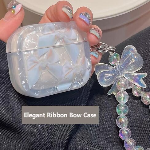 Compatible with AirPods Pro 2nd/1st Generation Case Cute Elegant Bow Ribbon Design with Glitter Keychain Luxury White Shell Pearl Protective Cover for Girls Women - Pro2 Bow in Saudi Arabia
