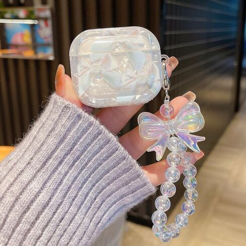 Compatible with AirPods Pro 2nd/1st Generation Case Cute Elegant Bow Ribbon Design with Glitter Keychain Luxury White Shell Pearl Protective Cover for Girls Women - Pro2 Bow in Saudi Arabia