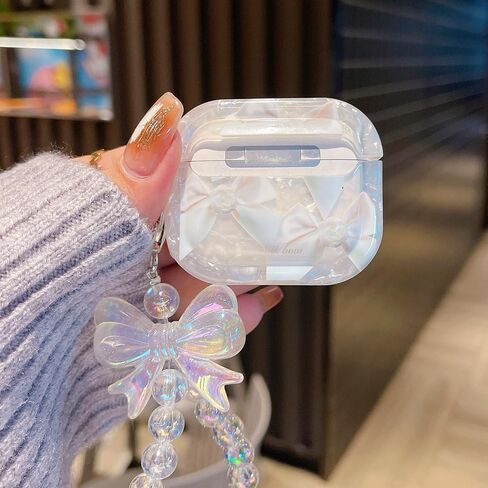 Compatible with AirPods Pro 2nd/1st Generation Case Cute Elegant Bow Ribbon Design with Glitter Keychain Luxury White Shell Pearl Protective Cover for Girls Women - Pro2 Bow in Saudi Arabia