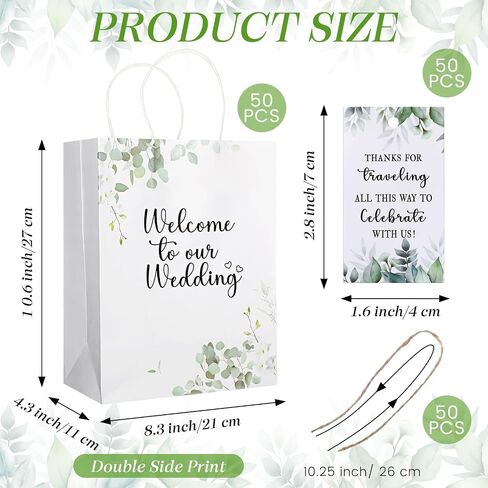 Watersay 50 Set Wedding Welcome Gift Paper Bags with Tags for Hotel Guests Wedding Party Favors Supplies, 8.3 x 4.3 x 10.6 Inch in Saudi Arabia