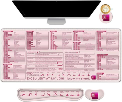 ARTSO Excel Shortcut Keys Mouse Pad Set, Extended Large XL Cheat Sheet Gaming Mousepad with Wrist Rest Support, Non-Slip Stitched Edge Keyboard Mat, Pink in Kuwait