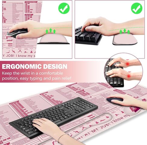 ARTSO Excel Shortcut Keys Mouse Pad Set, Extended Large XL Cheat Sheet Gaming Mousepad with Wrist Rest Support, Non-Slip Stitched Edge Keyboard Mat, Pink in Kuwait
