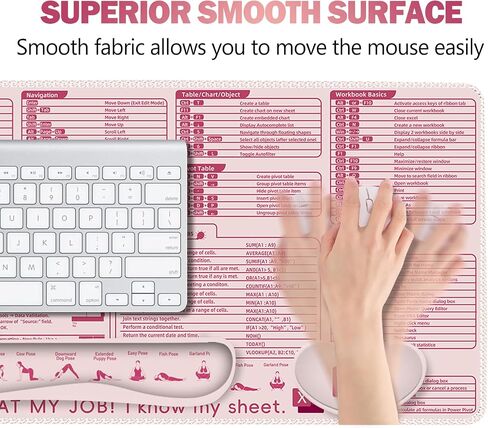 ARTSO Excel Shortcut Keys Mouse Pad Set, Extended Large XL Cheat Sheet Gaming Mousepad with Wrist Rest Support, Non-Slip Stitched Edge Keyboard Mat, Pink in Kuwait