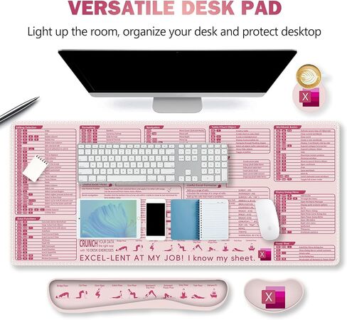ARTSO Excel Shortcut Keys Mouse Pad Set, Extended Large XL Cheat Sheet Gaming Mousepad with Wrist Rest Support, Non-Slip Stitched Edge Keyboard Mat, Pink in Kuwait