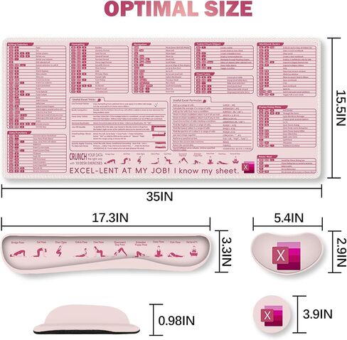 ARTSO Excel Shortcut Keys Mouse Pad Set, Extended Large XL Cheat Sheet Gaming Mousepad with Wrist Rest Support, Non-Slip Stitched Edge Keyboard Mat, Pink in Kuwait