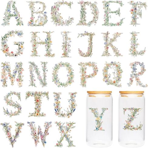 Letter UV DTF Cup Wraps - 20 ورقة زهرة الحروف UV DTF نقل ملصقات نقل الأزهار الأزهار UV DTF Cup لفات الزجاج ، ملصق نقل مائي ، هدايا DIY للأصدقاء in Saudi Arabia