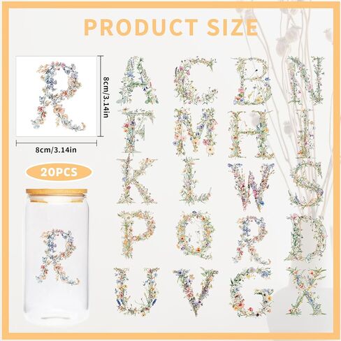 Letter UV DTF Cup Wraps - 20 ورقة زهرة الحروف UV DTF نقل ملصقات نقل الأزهار الأزهار UV DTF Cup لفات الزجاج ، ملصق نقل مائي ، هدايا DIY للأصدقاء in Saudi Arabia
