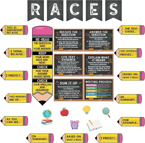 Pasimy Races Wratestrate Strategy Bulletin Board Set Process Process Processs for Charsiprice Decorities Races Alphabet Pencil مع جمل ملصقات Bulletin Cutouts Elementary Middle School (Black) in Saudi Arabia
