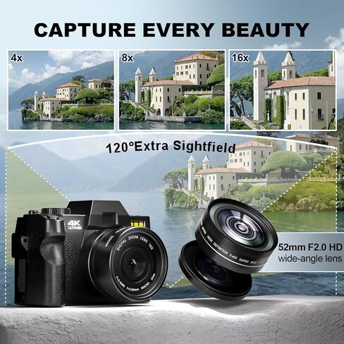 Vlogging Digital Camera with 180° Flip Screen, WiFi, Pink Color, Macro & Wide Angle Lens, App Control, External Microphones, 16X Zoom, 32GB TF Card - Camera for Photography, Vlogging, YouTube in Saudi Arabia