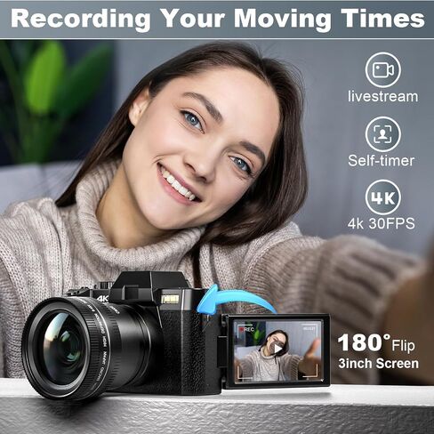 Vlogging Digital Camera with 180° Flip Screen, WiFi, Pink Color, Macro & Wide Angle Lens, App Control, External Microphones, 16X Zoom, 32GB TF Card - Camera for Photography, Vlogging, YouTube in Saudi Arabia