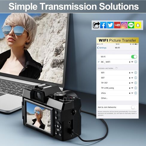 Vlogging Digital Camera with 180° Flip Screen, WiFi, Pink Color, Macro & Wide Angle Lens, App Control, External Microphones, 16X Zoom, 32GB TF Card - Camera for Photography, Vlogging, YouTube in Saudi Arabia