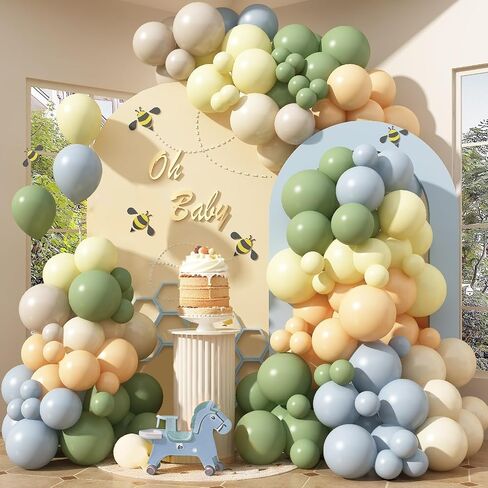 Blue and Green Balloon Arch Kit 115Pcs Dusty Blue Sage Green Balloons Garland Slate Yellow Cream Nude Beige White Sand Birthday Party Balloons for Boys Bear Bee Honeycomb Baby Shower Decorations in Kuwait