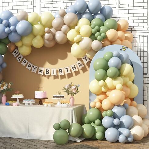Blue and Green Balloon Arch Kit 115Pcs Dusty Blue Sage Green Balloons Garland Slate Yellow Cream Nude Beige White Sand Birthday Party Balloons for Boys Bear Bee Honeycomb Baby Shower Decorations in Kuwait