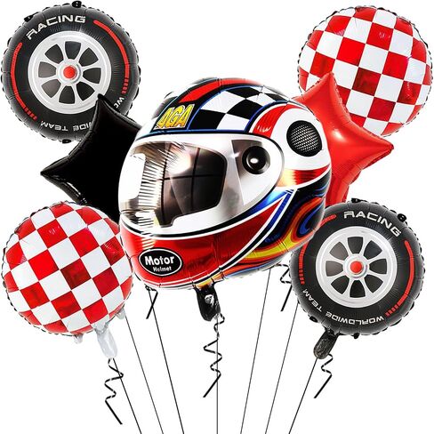 Race Car Balloons Birthday Party Decorations - 22 Inch Helmet Tire Racetrack Balloon - Red Checkered Balloons for Race Car Themed Birthday Party Decorations - Two Fast Birthday Decor in Kuwait