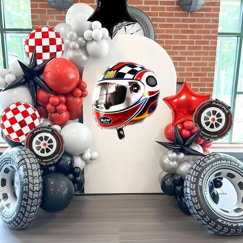 Race Car Balloons Birthday Party Decorations - 22 Inch Helmet Tire Racetrack Balloon - Red Checkered Balloons for Race Car Themed Birthday Party Decorations - Two Fast Birthday Decor in Kuwait