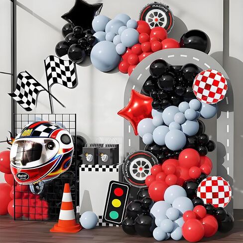 Race Car Balloons Birthday Party Decorations - 22 Inch Helmet Tire Racetrack Balloon - Red Checkered Balloons for Race Car Themed Birthday Party Decorations - Two Fast Birthday Decor in Kuwait