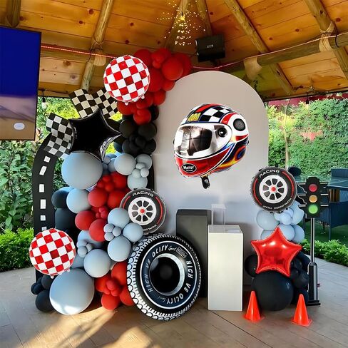 Race Car Balloons Birthday Party Decorations - 22 Inch Helmet Tire Racetrack Balloon - Red Checkered Balloons for Race Car Themed Birthday Party Decorations - Two Fast Birthday Decor in Kuwait
