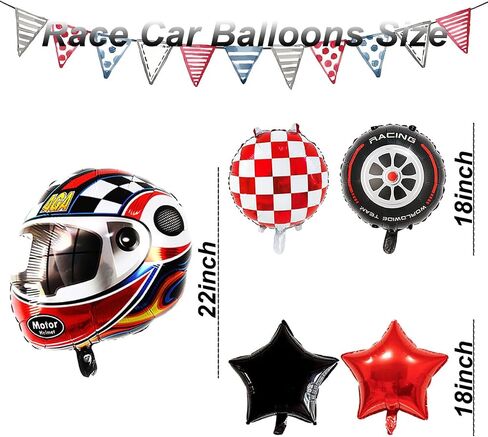 Race Car Balloons Birthday Party Decorations - 22 Inch Helmet Tire Racetrack Balloon - Red Checkered Balloons for Race Car Themed Birthday Party Decorations - Two Fast Birthday Decor in Kuwait