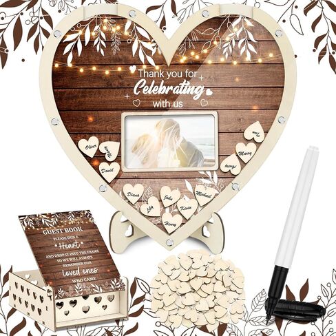 Chunful Wedding Hearts Book Content Petwith With 100 Wooden Hearts Chips Box and Pen Brown Wooden Thief Heart Picture Frame Rustic Guest Book Consempion لحفل الزفاف (كلاسيكي) in Kuwait