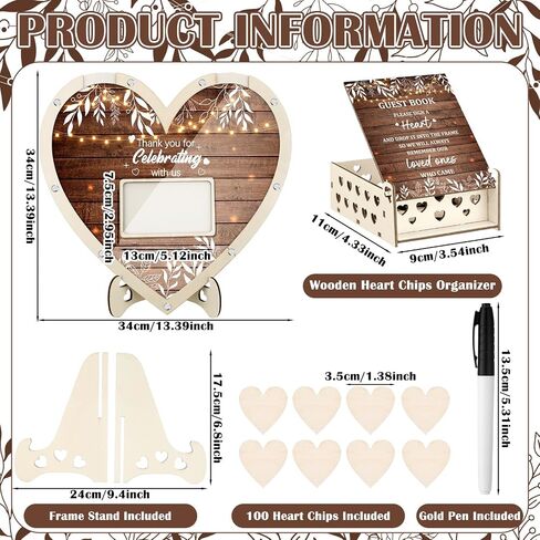 Chunful Wedding Hearts Book Content Petwith With 100 Wooden Hearts Chips Box and Pen Brown Wooden Thief Heart Picture Frame Rustic Guest Book Consempion لحفل الزفاف (كلاسيكي) in Kuwait