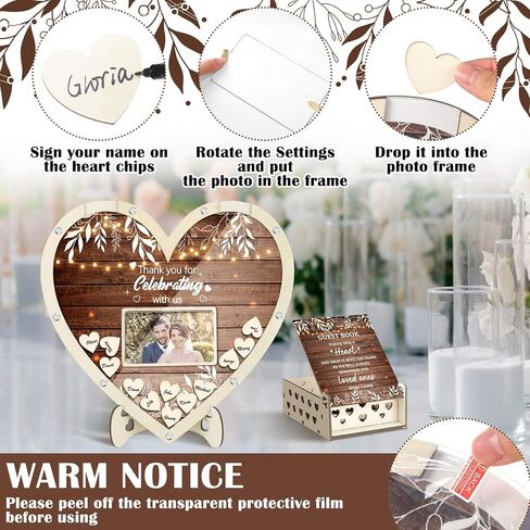 Chunful Wedding Hearts Book Content Petwith With 100 Wooden Hearts Chips Box and Pen Brown Wooden Thief Heart Picture Frame Rustic Guest Book Consempion لحفل الزفاف (كلاسيكي) in Kuwait
