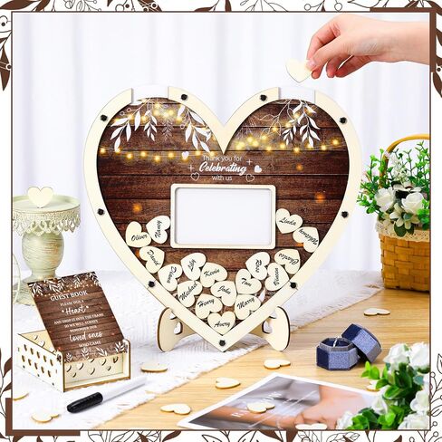 Chunful Wedding Hearts Book Content Petwith With 100 Wooden Hearts Chips Box and Pen Brown Wooden Thief Heart Picture Frame Rustic Guest Book Consempion لحفل الزفاف (كلاسيكي) in Kuwait