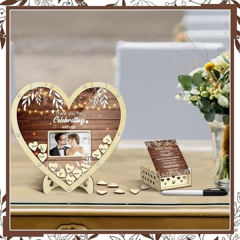 Chunful Wedding Hearts Book Content Petwith With 100 Wooden Hearts Chips Box and Pen Brown Wooden Thief Heart Picture Frame Rustic Guest Book Consempion لحفل الزفاف (كلاسيكي) in Kuwait