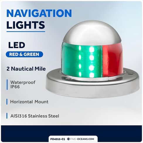 Five Oceans Boat Navigation Lights, LED Bow Light, Boat Navigation Lights Red and Green, Horizontal Mount Bi-Color Light, 12V, USCG Rules 2NM, for Pontoon, Fishing Boats, Bass Boats - FO4512 in Saudi Arabia