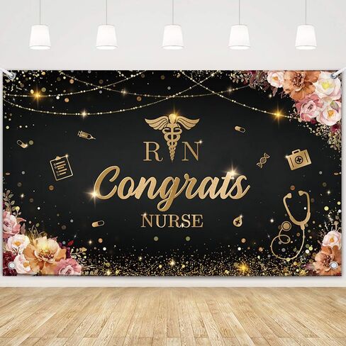 MEHOFOND Congrats Nurse Banner RN Graduation Party Decorations Class of 2025 Floral Black and Red Nursing School Photo Booth Props 5.9x3.6ft in Saudi Arabia