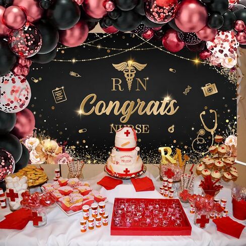 MEHOFOND Congrats Nurse Banner RN Graduation Party Decorations Class of 2025 Floral Black and Red Nursing School Photo Booth Props 5.9x3.6ft in Saudi Arabia