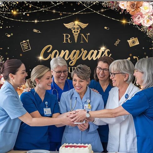 MEHOFOND Congrats Nurse Banner RN Graduation Party Decorations Class of 2025 Floral Black and Red Nursing School Photo Booth Props 5.9x3.6ft in Saudi Arabia