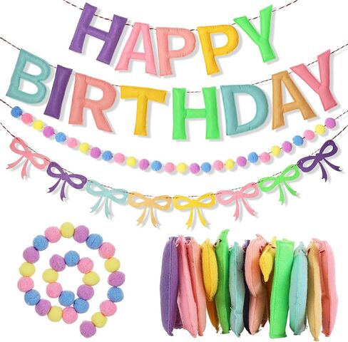 3Pcs 118 Inch Pre-Strung Happy Birthday Felt Banner - Felt Ball Garland -Pastel Birthday Banner with Bow Party Decorations Party Garland for Wall Decoration in Saudi Arabia