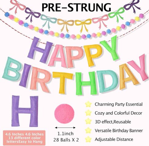 3Pcs 118 Inch Pre-Strung Happy Birthday Felt Banner - Felt Ball Garland -Pastel Birthday Banner with Bow Party Decorations Party Garland for Wall Decoration in Saudi Arabia