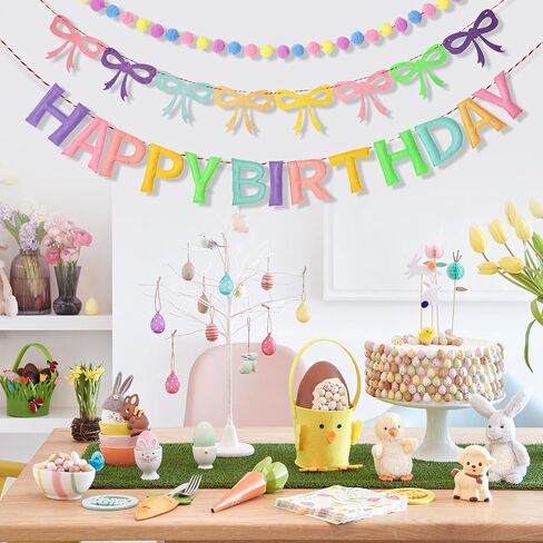 3Pcs 118 Inch Pre-Strung Happy Birthday Felt Banner - Felt Ball Garland -Pastel Birthday Banner with Bow Party Decorations Party Garland for Wall Decoration in Saudi Arabia